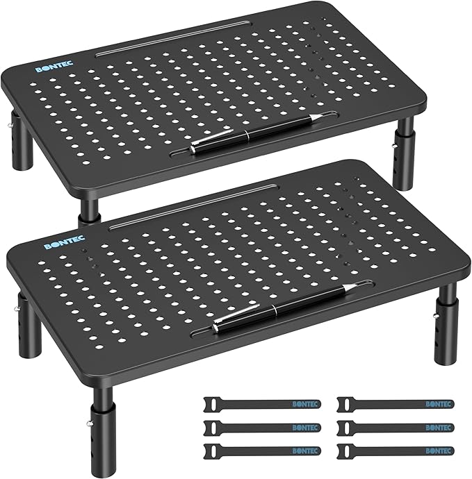 BONTEC Monitor Stand 2 Pack Height Adjustable Metal Riser with Pen Holder, Black, 14.5??x 9.1?? Ergonomic Desktop Stand for Computer, Printer, Laptop, Adjustable Desk Riser with Cable Management