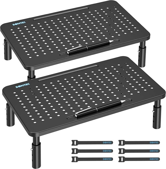 BONTEC Monitor Stand 2 Pack Height Adjustable Metal Riser with Pen Holder, Black, 14.5??x 9.1?? Ergonomic Desktop Stand for Computer, Printer, Laptop, Adjustable Desk Riser with Cable Management