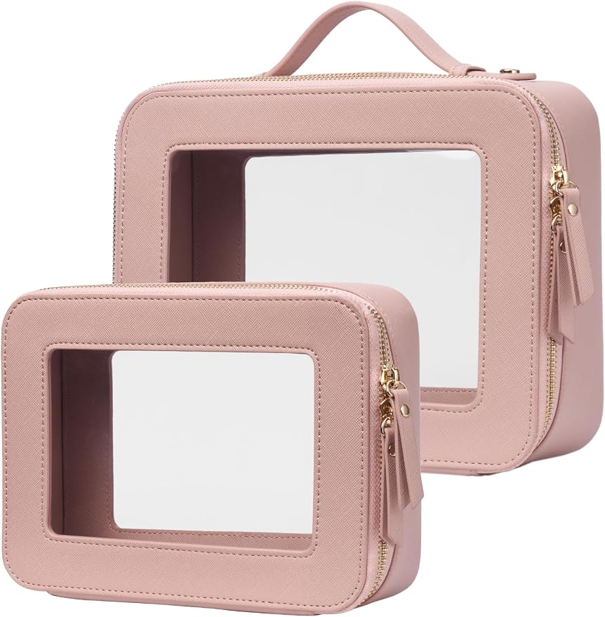 Popvibe Clear Makeup Case Set Pink Toiletry Bag Travel Large Clear Cosmetic Bag with Zipper, Big Make Up Bag Organizer Women Traveling TSA Approved Transparent Bag Car for Essentials