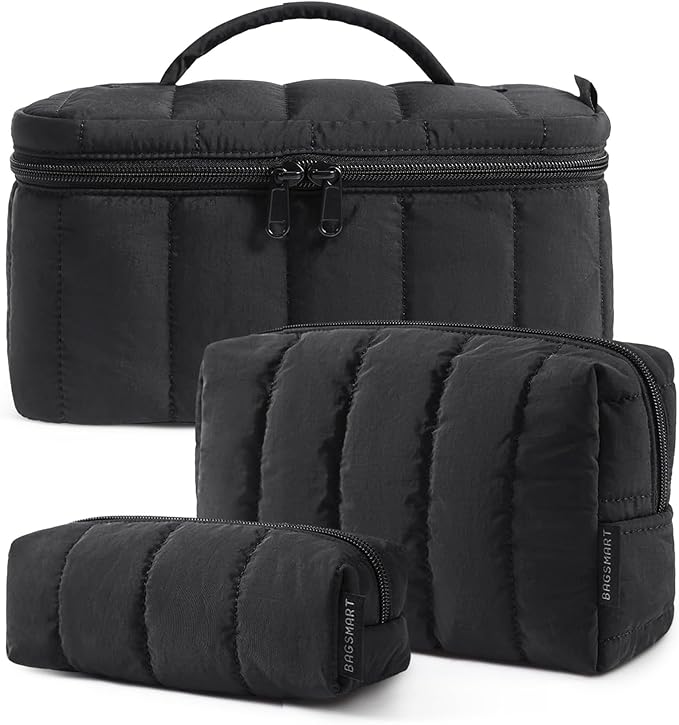 BAGSMART Travel Makeup Bag for Women, 3 Pcs Puffy Padded Cosmetic Organizer Bag, Large Toiletry Case and Small Purse Pouch for Gym, Work, Girls (Black)