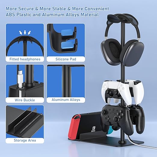 MANMUVIMO Headset Stand Controller Holder for 1 Headset and 4 Controller, Headphone Game Controller Stand for Desk, Gamer Gifts, Organizer Rack for iPad/Mobile Phone, Gaming Room Accessories
