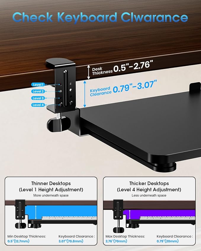 Small Keyboard Tray Under Desk, Pull Out Keyboard & Mouse Tray with Adjustable C-clamp, 20(25.9 Including Clamps) x 11.8 Inch Slide Out Computer Keyboard Drawer Mouse Tray for Typing, Black