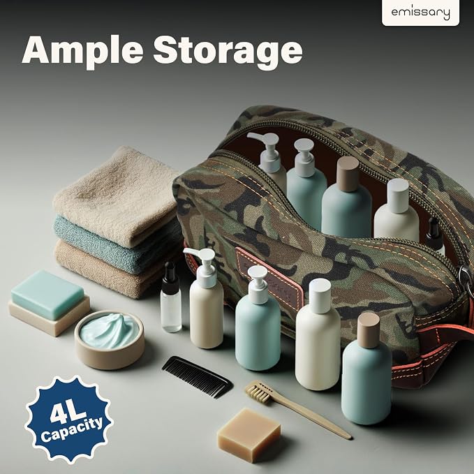 emissary Men's Canvas Travel Toiletry Bag, Leather Dopp Kit - Camo Green | Durable canvas & PU leather, water-resistant lining, side handle; roomy men's Dopp kit for travel & gym