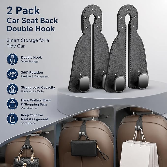 2 Pack Leather Car Seat Back Double Hooks - Heavy Duty Metal Core Headrest Hangers for Purses, Bags & Groceries - Anti-Drop & Scratch-Free Auto Interior Organizer Holder (Black)