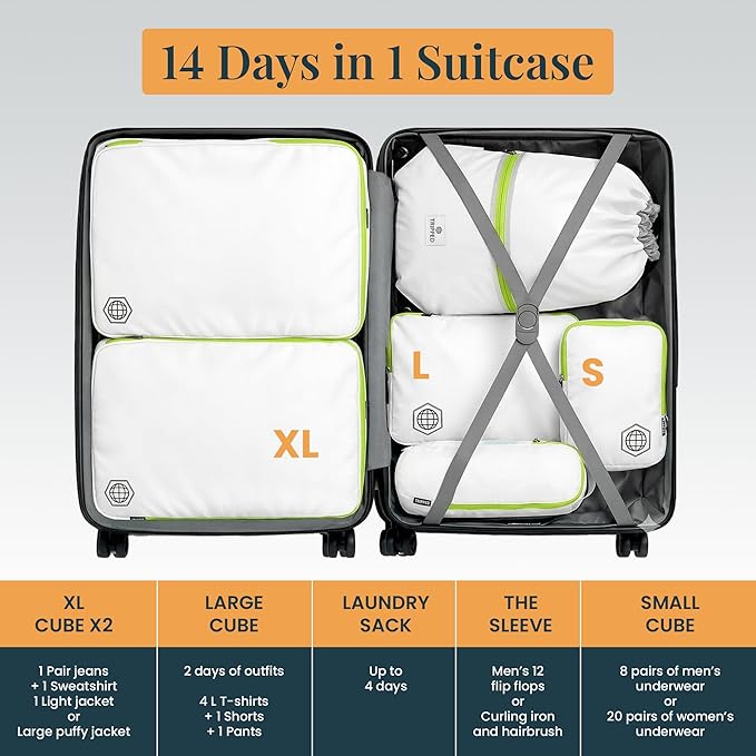Extra Large Compression Packing Cube 6 Piece Set for Travel and Check Luggage by TRIPPED Travel Gear