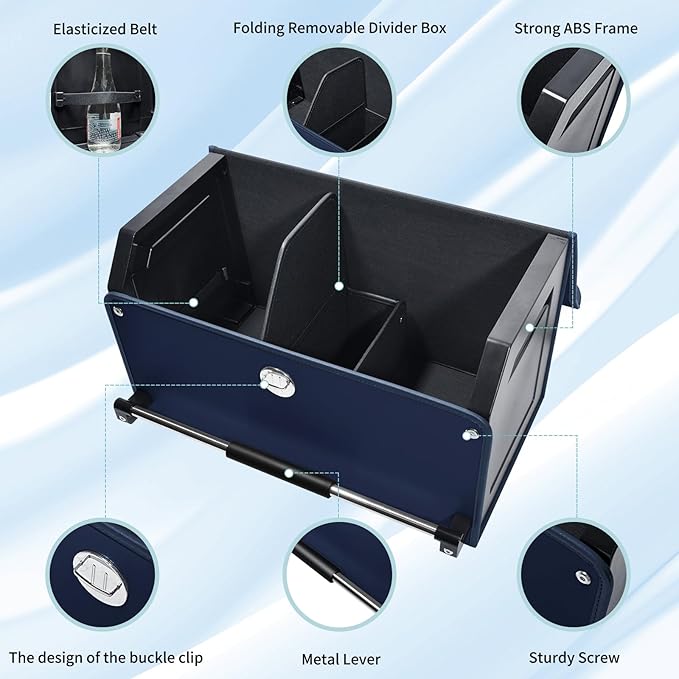 Car Trunk Organizer, Car Trunk Leather Storage Box with Lid and Push-pull Handle Car Trunk Storage Organizer for Car (Blue, 20.47 x 11.42 x 12.2in)