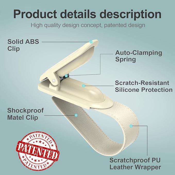Veharvim Sunglass Holder for Car (2 Pack, One-Handed Operation, Gentle & Secure Hold, Silicone Padded, Universal Fits Sunglass and Car Visor) - Sunglasses Clip for Car Visor (Beige, 2 Pack)