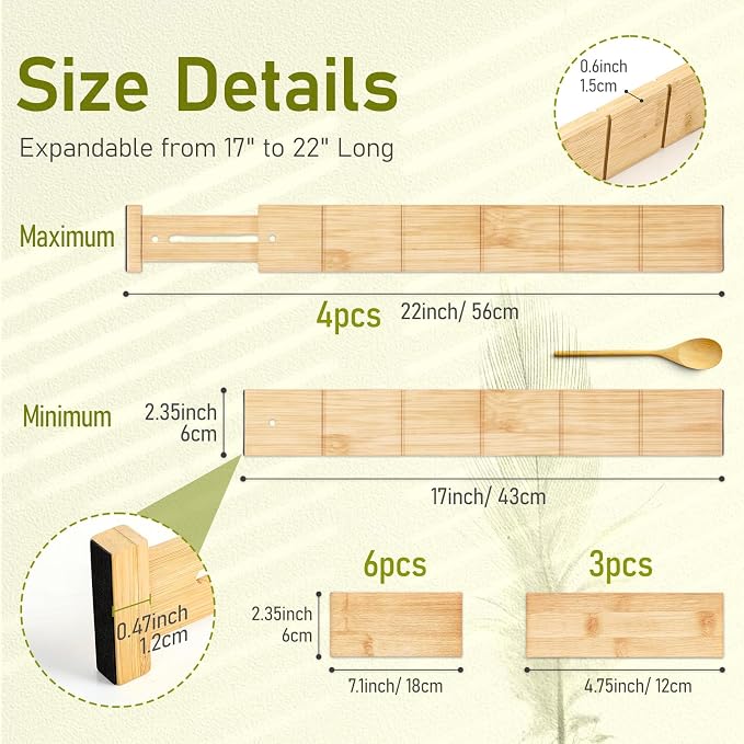 Whitmor Adjustable Bamboo Drawer Dividers, Expandable 17"-22" Drawer Organizer, Space-Saving, Non-Slip & Spring-Loaded Separators for Kitchen, Bedroom, Office, 4 Pack Dividers with 9 Baffles