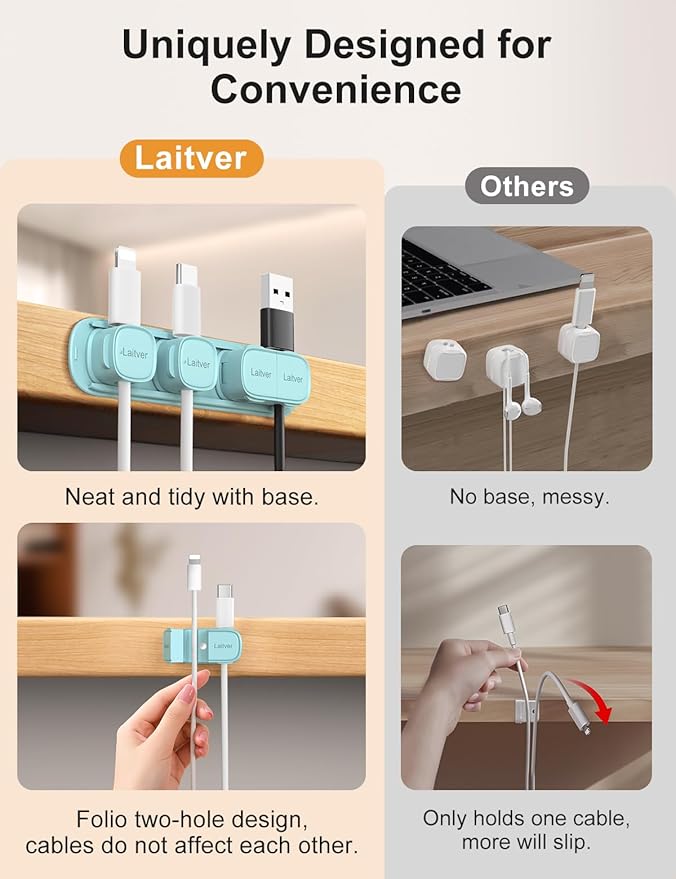 6 Pack Magnetic Cable Clips [1s Open/Lock], Laitver Cord Organizer Holder Strong Adhesive Desk Cable Management- Organize Charging Cords Neatly for Home, Office, Car,Desk, Nightstand-Blue