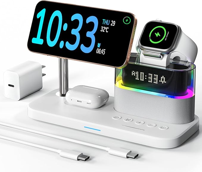 5 in 1 Wireless Charging Station for Apple,Magnetic Charger with Alarm Clock Night Light for Multiple Devices,Nightstand Charging Station Compatible with iPhone 17/16/15/14/13/12,Apple Watch,Air-Pods