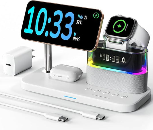 5 in 1 Wireless Charging Station for Apple,Magnetic Charger with Alarm Clock Night Light for Multiple Devices,Nightstand Charging Station Compatible with iPhone 17/16/15/14/13/12,Apple Watch,Air-Pods