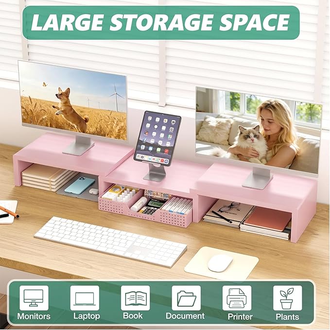 OPNICE Desk Organizers and Accessories, Dual Computer Monitor Stand Riser with Drawer, Office Decor for Women, Office Desk Accessories & Workspace Organizers for Home Office Supplies, Pink