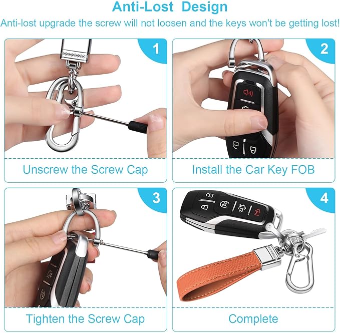 QBUC Genuine Leather Car Keychain,Universal Heavy Duty Metal Key Chain Accessories,Car Fob Key Keychain Holder with 360 Degree Rotatable Snap Swivel and Anti-Lost D-Ring for Men Women(Orange)