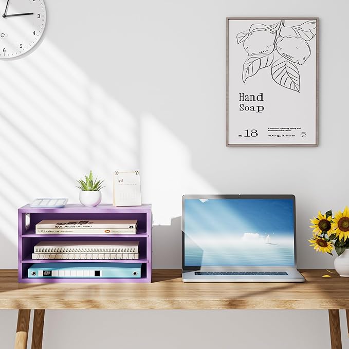 Marbrasse 3 Tier Wood Desk Organizer, Paper Letter Tray Organizer for Desk，Wooden Desktop File Organizer with Handle and Paper Sorter Mail Holder for Office School & Home Supplies Organization-Purple