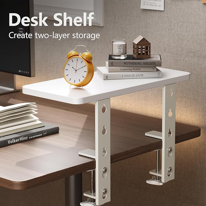 3 in 1 Clamp-on 15.7"×7.5" Desk Extender, Heavy-Duty Side/Top Desk Organizer Shelf, Adjustable Desktop Storage for Office Accessories, Monitor and Laptop Riser, White