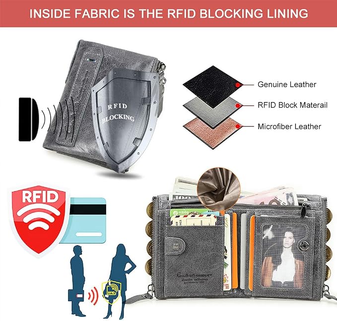 CONTACTS Soft Leather Wallet for Women and Men Small Bifold Coin Purse Double Zipper Card Holder with RFID Blocking (Gray)