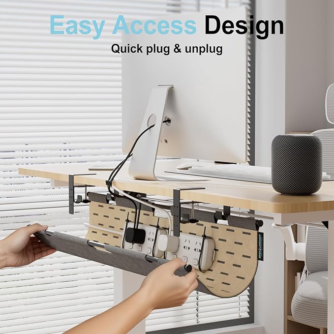 2-in-1 Under Desk Cable Management Tray & Privacy Panel, Dual-Sided Felt Cord Organizer to Hide Wires and Clutter, Desk Mount Cord Holder for Office and Home, Clamp or Screw Mount (Gray/Khaki, 45.2")