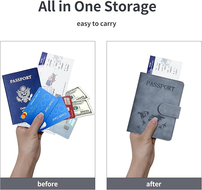 Passport Holder, Passport Cover with Credit Card Slot and Boarding Pass Slot Combo, Passport Wallet Case Book Travel Must Have, RFID Blocking Leather Travel Accessories, Navy Grey