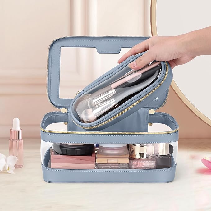 Soimeat Clear Travel Makeup Brush Holder, Leather Makeup Brush Toiletry Bag, Portable Cosmetic Brush Case, Transparent Waterproof Makeup Brush Storage Bag, Blue