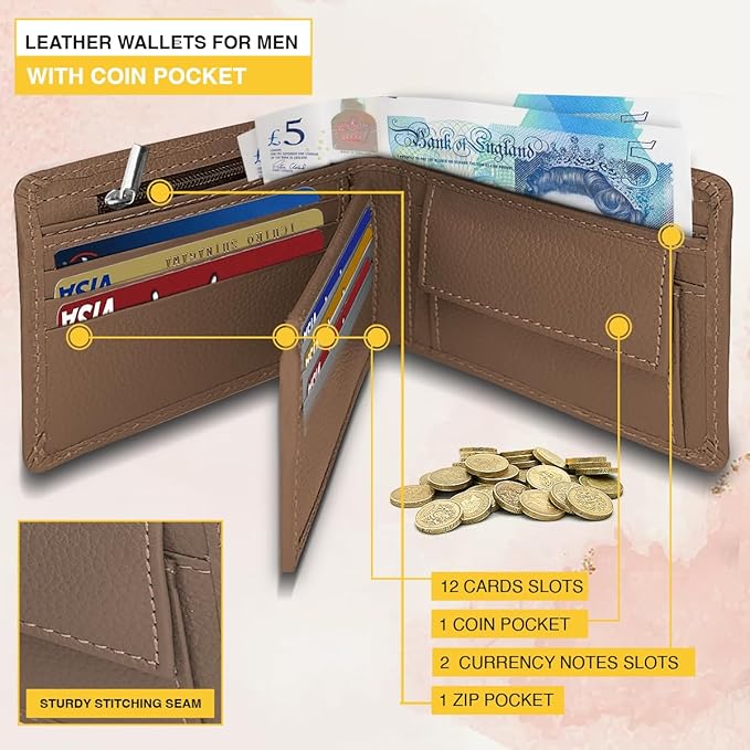 Premium Leather Mens Wallets ‒ RFID Blocking Wallet with Coin Pocket & Zip ‒ Bifold Wallets for Men with 12 Card Slots & 2 Bank Note Compartments ‒ Wallet with Gift Box (Brown)