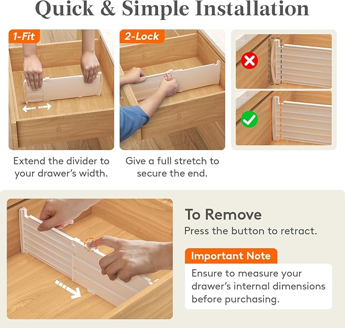Lifewit 5" Tall 4 Pack Drawer Dividers, 30-47cm/11.5-18.5" Expandable Drawer Divider for Clothes, Adjustable Dresser Drawer Organizers, Drawers Separators for Dresser/Bathroom/Closet/Kitchen White