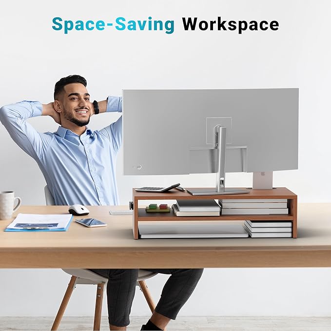 BONTEC Wood Monitor Stand Riser, 2-Tier Desktop Organizer with Storage, Ergonomic Computer Stand for Desk, Cable Management, Cellphone Holder, 21.3 Inch Shelf, Walnut