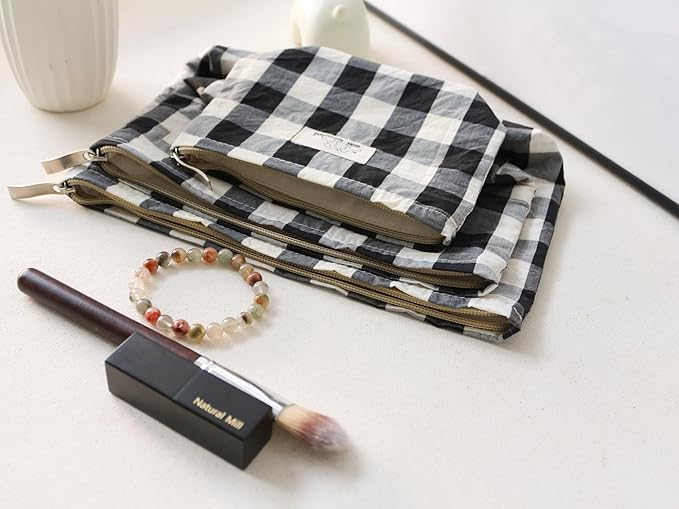 HAPPYHEIDI Cotton Black White Checker Makeup Bag Set 3 with Compartment Cosmetic Toiletry Travel Pouch,Purse Accessory Organizer, 3-Size, Canvas Lined