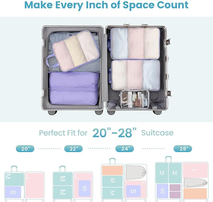 Cambond Mesh Compression Packing Cubes - 6 Piece Expandable See Through Packing Cubes for travel with Shoe and Makeup Bag, Travel Cubes for Packing Organizers Travel Accessories for Suitcases, Purple