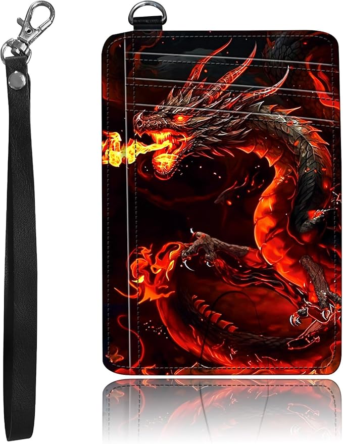 Slim Minimalist Front Pocket Wallet,Credit Card Holder Wallet for Women Men,RFID Blocking Credit Card Holder Case Leather Cute Small Thin Wallet ID Window&Wrist Strap,Fire Red Dragon