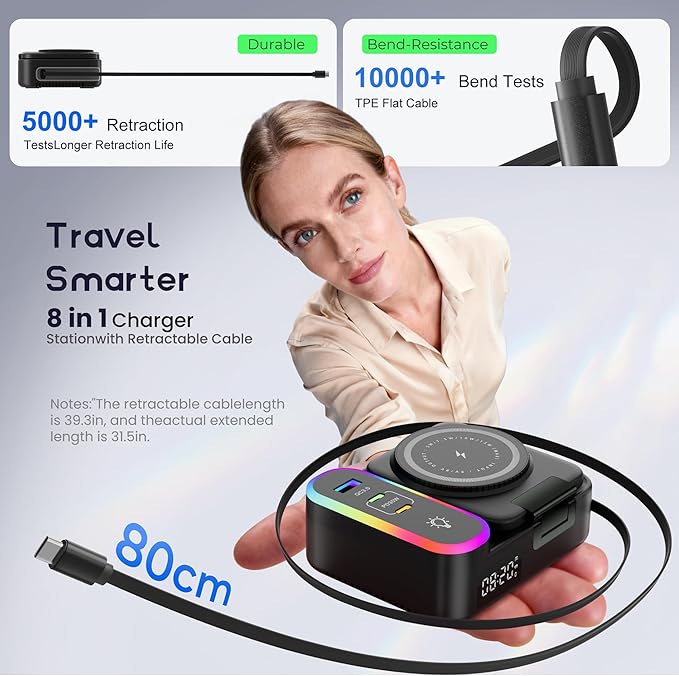 8-in-1 Charging Station 65W, 15W Magnetic Wireless Charger with Retractable Cable, 30W USB C Fast Charging Stand for iPad, Multiple Devices for iPhone 17 16 15 14 13 12 Pro Max Apple Watch Airpods
