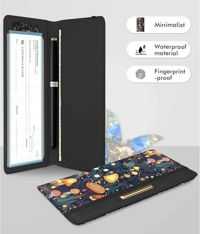 Printed Checkbook Cover, RFID Blocking Checkbook, Stylish, Lightweight, Slim Durable, Multi-Functional Checkbook Holder for Personal and Business Checks (Mushrooms)