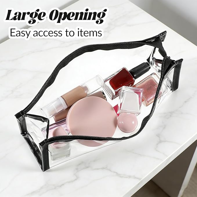 3pcs Clear Travel Toiletry Bag Clear Plastic Zipper Pouches Waterproof PVC for Travel Makeup Cosmetics Organizer, Black Small Transparent Storage Bag for Office Vacation Beach Home