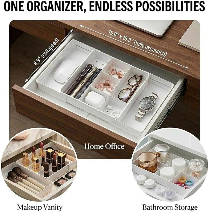 4-Way Expandable Drawer Organizer, Up to 13 Compartments Desk Divider with 6 Adjustable Dividers & Non-Slip Pads, Low Profile Tray (2.2" Tall) for Office, Makeup Vanity, White