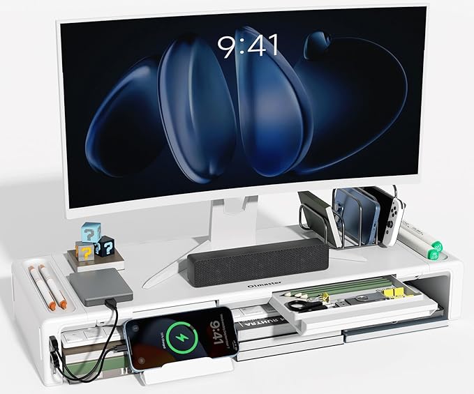 OImatser Monitor Stand Riser 3.0 USB HUB, Type-C Data Port, Foldable Computer Monitor Riser, Adjustable Length Computer Stand and Storage Drawer & Pen Slot, Phone Stand for Computer (White-3.0 HUB-Adapter)