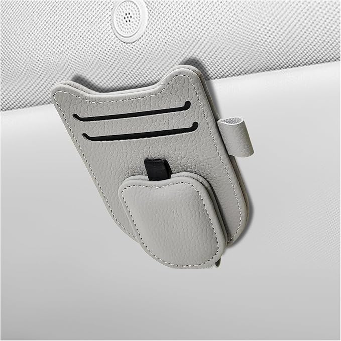 Sunglasses Holder for Car Visor, Magnetic Auto Sun Visor Organizer with Ticket & Pen Clip, Multi-Pocket Leather Eyeglass Clip Interior Accessories for Most Vehicles (Gray)