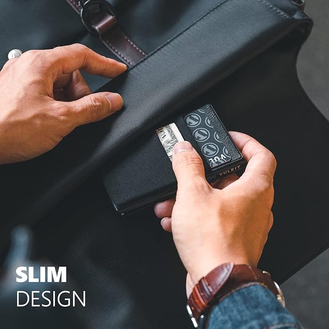 VULKIT Minimalist Wallet with ID Window & EDC Pocket Pop Up Card Holder RFID Blocking Slim Wallet Design for Airtag Cash Coins & Credit Cards