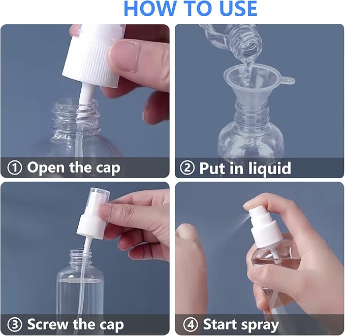 DTDNZKN 4 Pack 1 Oz (30ml) Mini Spray Bottles Clear Travel Size Spray Bottles Leak Proof with Funnels and Labels