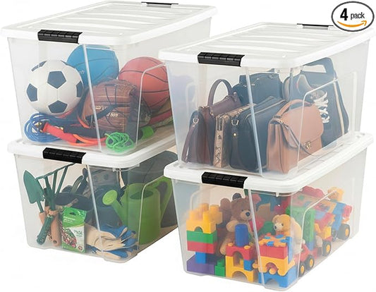 IRIS USA 72 Qt Stackable Plastic Storage Bins with Lids, 4 Pack - BPA-Free, Made in USA - See-Through Organizing Solution, Latches, Durable Nestable Containers, Secure Pull Handle - Clear/White