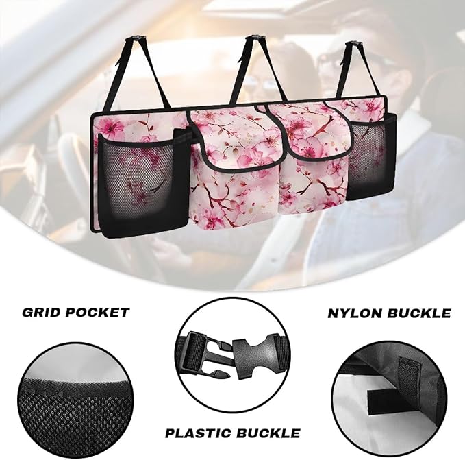Pink Cherry Blossom Trunk Hanging Organizer Backseat Bag Foldable Cargo Storage with 4 Pockets 3 Adjustable Straps Keep Your Trunk Neat and Organized