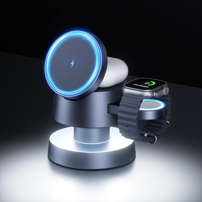 4 in 1 Magnetic Wireless Charging Station,15W Fast Charging with Adjustable Night Light for MagSafe Charger Stand,3 in 1 Wireless Charger for iPhone 17/16/15/14/13 Pro Max,Apple Watch & AirPods