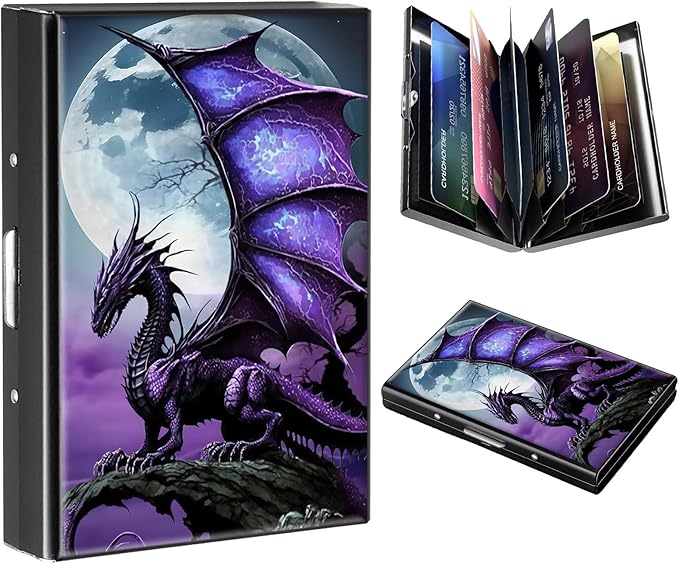 FUYOCWE RFID Credit Card Holder,Small Metal Credit Card Case Wallet,Slim Mini Business Card Holder Organizer Hard ID Case Security wallet for Men Women -Purple Arcient dragon