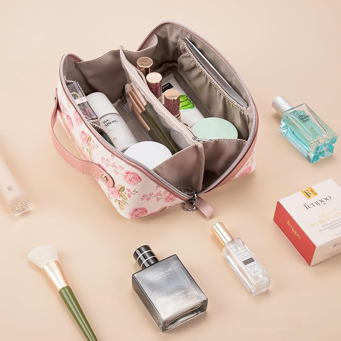 Mrsdry Travel Makeup Bag，Large-capacity waterproof cosmetic bag，Travel bags and toiletries bags for women，PU leather material，Multi-zone and large opening design (Rose Gold flower)