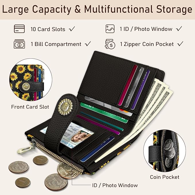 Kelvoris Sunflower Small Rfid Women Wallet Bifold Zipper Coin Pocket PU Leather Compact Cash Credit Card Holder Travel Wallet for Female Ladies Teen Girls 1 ID Window 10 Card Slots
