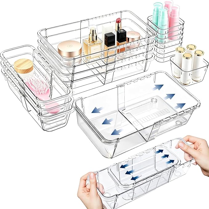 14 pcs Expandable Drawer Organizer Set, Adjustable Acrylic Drawer Dividers, 3 Sizes Storage Bins for Makeup, Vanity, Desk, Kitchen, Bathroom & Dresser Organization (4Large+4 Medium+6 Small)