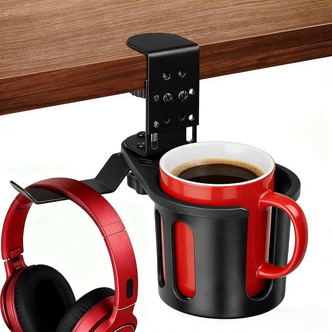 MYITYARD Desk Cup Holder Clamp, 2 in 1 Anti-Spill Clip On Table Cup Holder with Headphone Hanger, Rotatable Water Bottle Stand Drink Coffee Mug Storage, Office Accessories for Home and School