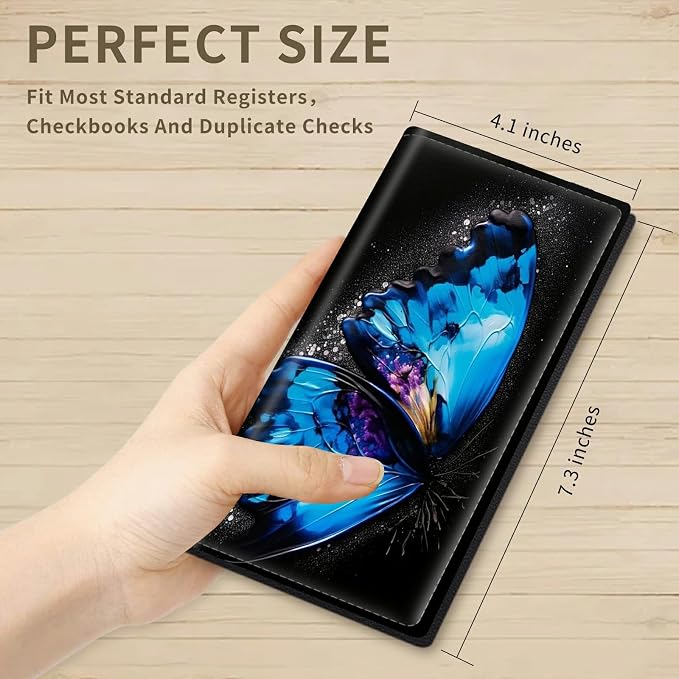 Checkbook Cover for Women & Men PU Leather Check Books Covers for Personal Slim Check Book Credit Card Holder Holder Wallet with RFID Blocking for Duplicate Checks,Blue Butterfly