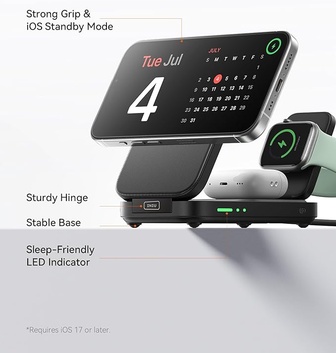 INIU 3-in-1 Charging Station for Apple Device, Qi2 Certified 15W Fast Magnetic Wireless Charger Dock, Travel Charging Compatible with Mag-Safe for iPhone 17 16 15 14 13 12 Series, Apple Watch &AirPods