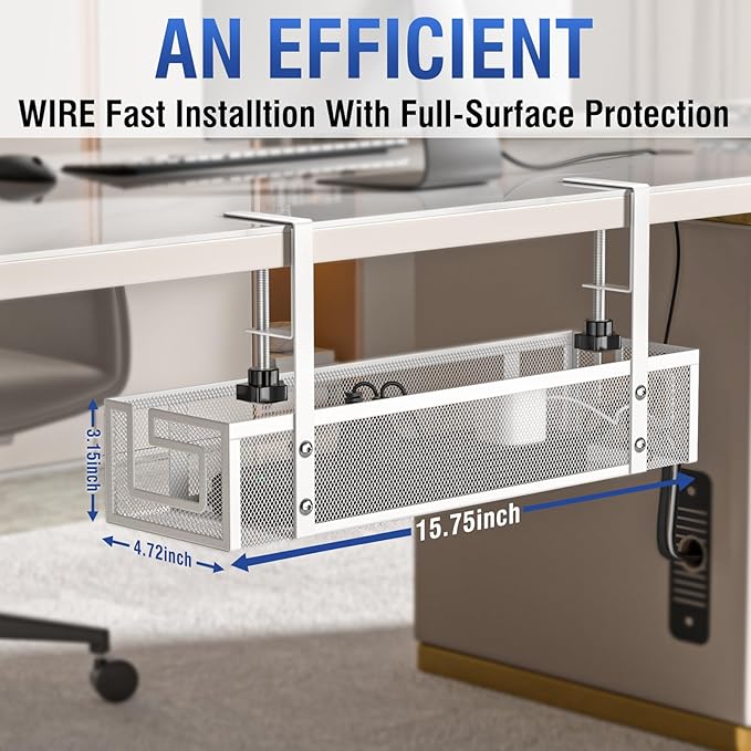 Under Desk Cable Management Tray, GZOKMOG 15.75" No Drill Cable Management Under Desk, Heavy Duty Metal Cord Organizer, Home Office Wire Management for Standing/Gaming Desk, 1 Pack White