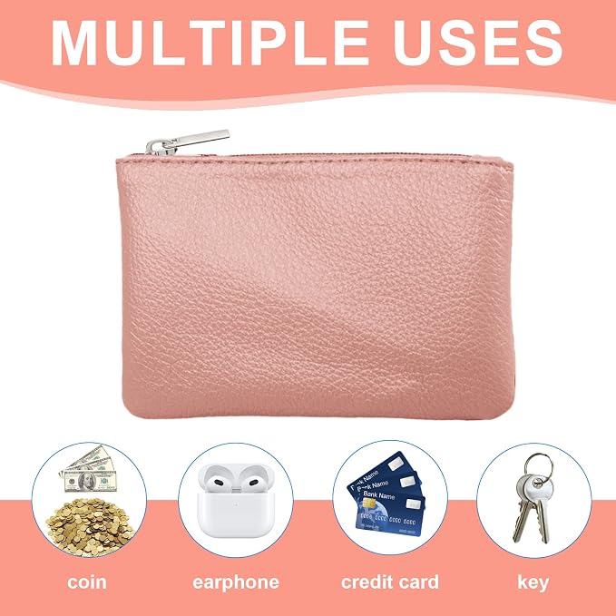 2 Pack Leather Zipper Coin Purse, Portable PU Leather Coin Purse,Mini Coin Pocket Pouch Change Holder, Coin Pouch with Zipper for Men Women Headset Credit Card ID Key Lipstick (Black&Pink)