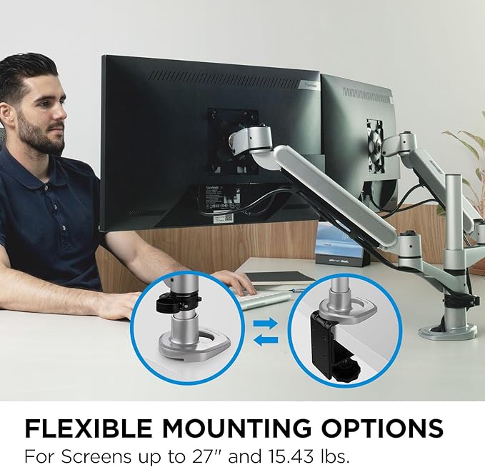 ViewSonic LCD-DMA-002 Spring-Loaded Monitor Desk Mounting Arm for 2 Monitors up to 27 Inches Each, VESA Compatible, Full Ergonomic Adjustability, 2-in-1 Mounting Base, and Built-in Cable Management